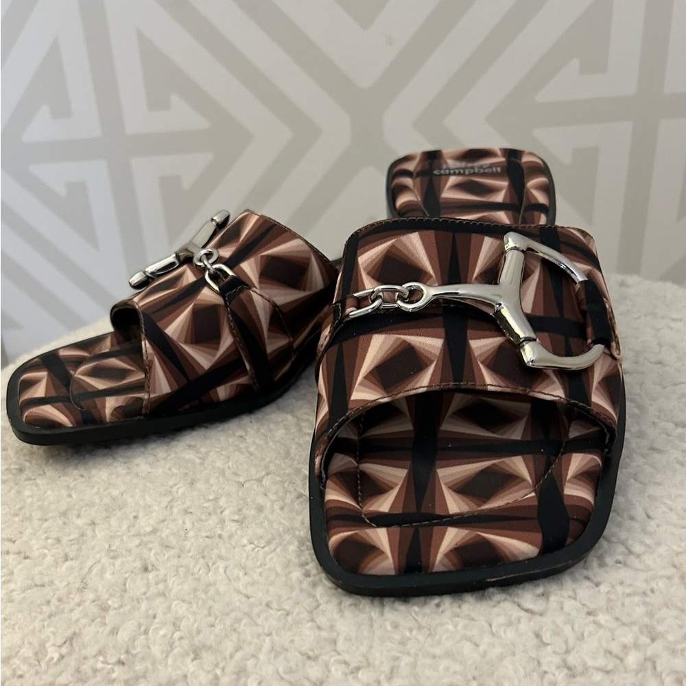 Jeffrey Campbell Brown and Black Geometric Slide Sandals